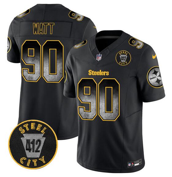 Men's Pittsburgh Steelers #90 T.J. Watt Black F.U.S.E. Arch Smoke 412 Patch Vapor Limited Stitched Football Jersey Men's Pittsburgh Steelers #90 T.J. Watt Black F.U.S.E. Arch Smoke 412 Patch Vapor Limited Stitched Football Jersey